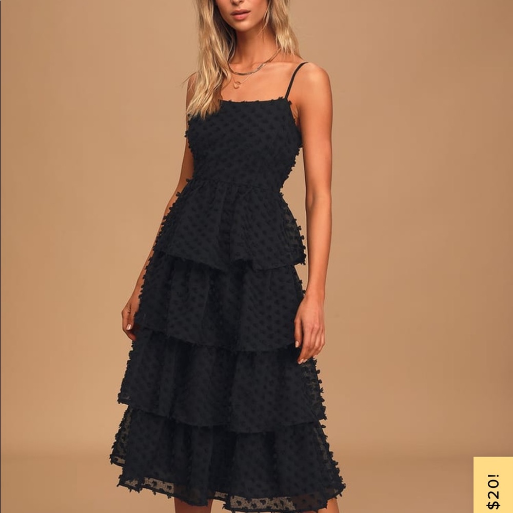 Black Tiered Pom Pom Lulus Midi Dress